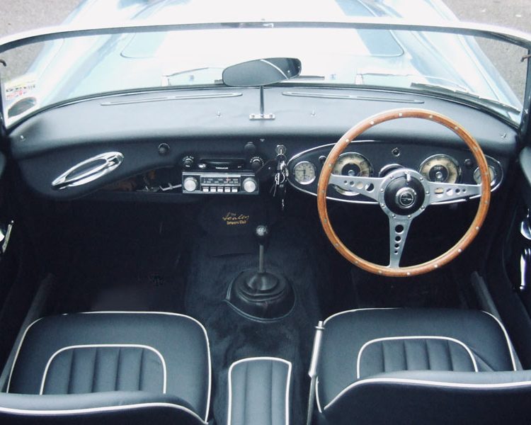 Austin Healey BJ7 trimmed with Dark Blue Full Leather Seats with White Piping and Dark Blue Karvel Carpet