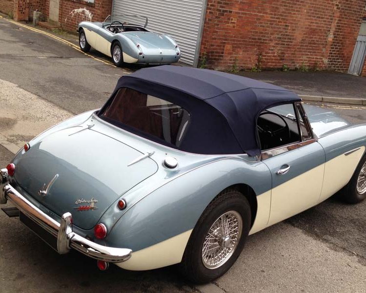 Austin Healey BJ8 trimmed with Convertible Soft Top Hood in Dark Blue Mohair