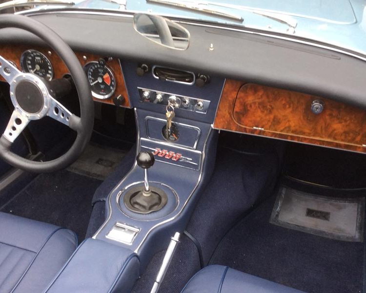 Austin Healey BJ8 trimmed with AH Blue Full Leather Panels, Seats and Centre Cushion Armrest with Dark Blue Karvel Carpet