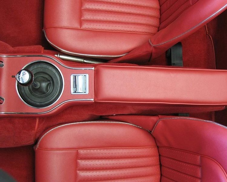 Austin Healey BJ8 trimmed with Cherry Vinyl Panels, Seats and Armrest with Chrome Piping and Bright Red Nylon Carpet