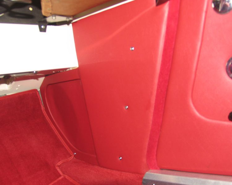 Austin Healey BJ8 trimmed with Cherry Red Vinyl Main Door Panels and A Post Footwell Panels with Bright Red Nylon Carpet