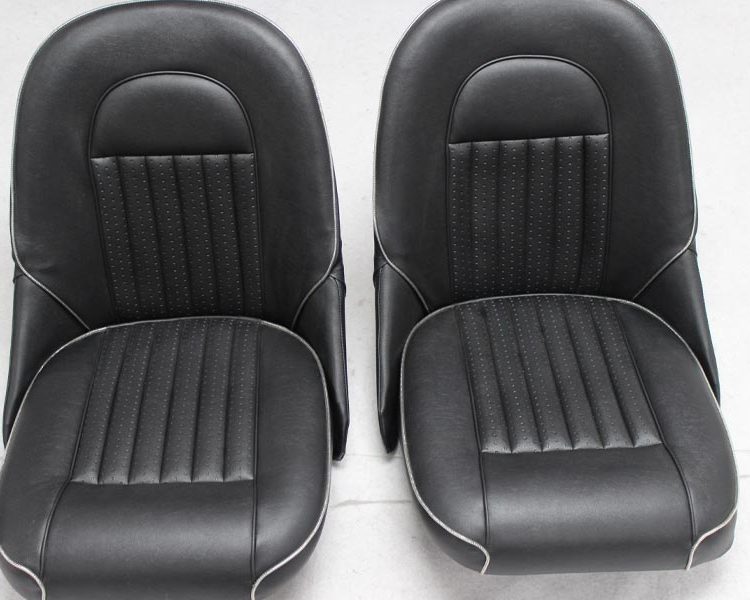 Austin Healey BJ8 Front Seats in Black Vinyl with Chrome Piping and HF Weld (Trimmed by JSM)