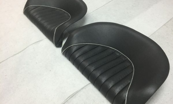 Austin Healey BJ8 Rear Seat Cushion Pans Trimmed in Black Vinyl with Chrome Piping and HF Weld (Trimmed by JSM)