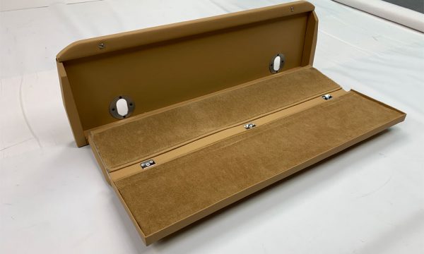 Austin Healey BJ8 Rear Seat Backrest Folding Shelf in Biscuit Light Tan Vinyl with Chrome Piping, HF Weld and Palomino Wool