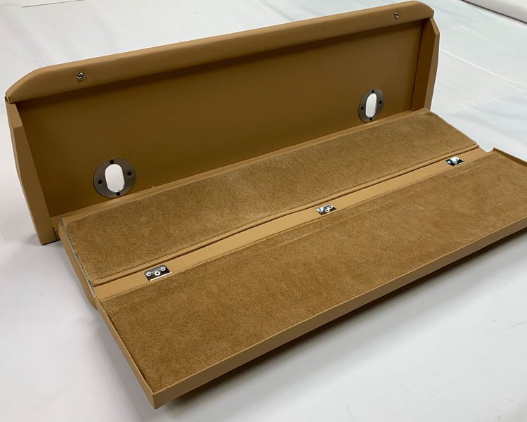 Austin Healey BJ8 Rear Seat Backrest Folding Shelf in Biscuit Light Tan Vinyl with Chrome Piping, HF Weld and Palomino Wool