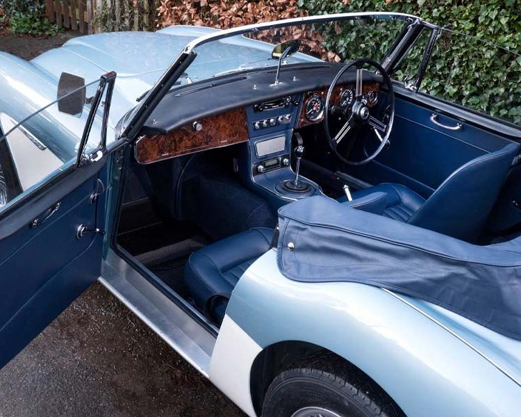 Austin Healey BJ8 trimmed with AH Blue Vinyl Panels and Seats with Dark Blue PVC Hood Frame Cover