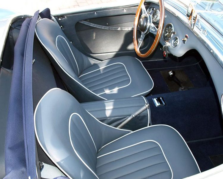 Austin Healey BN1 LeatherFaced Front Seats in Dark Blue with Grey Piping. Convertible Soft Top Hood in Dark Blue Mohair.