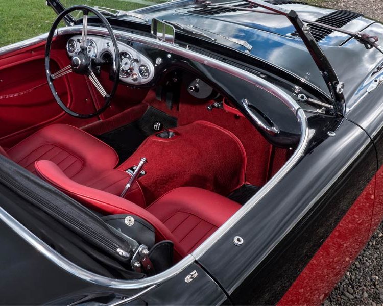 Austin Healey BN2 trimmed with Bright Red Vinyl Panels and LeatherFaced Seats with Bright Red Nylon Carpet
