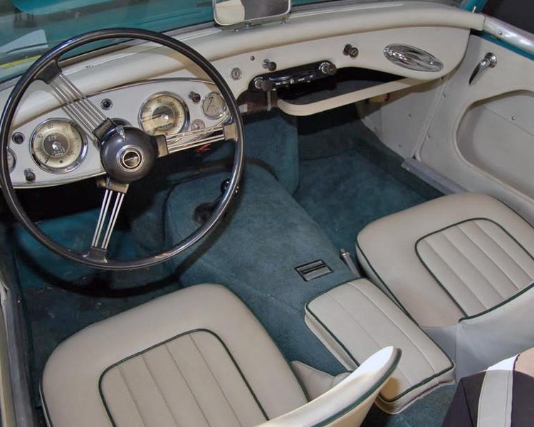 Austin Healey BN4 trimmed with Stone Vinyl Panels, LeatherFaced Seats with Dark Green Piping and Dark Green Wool Carpet