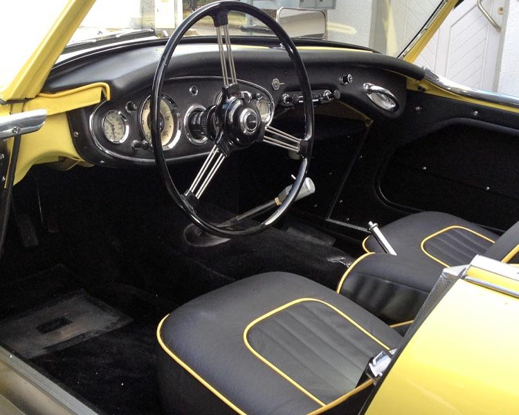 Austin Healey BN4 trimmed with Black Vinyl Panels, LeatherFaced Seats with Yellow Piping and Black Wool Carpet