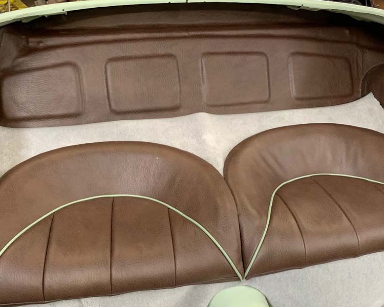 Austin Healey BN4 Rear Bulkhead Stowage Area & Rear Seats in Chestnut Brown Leather with Porcelain Green Piping