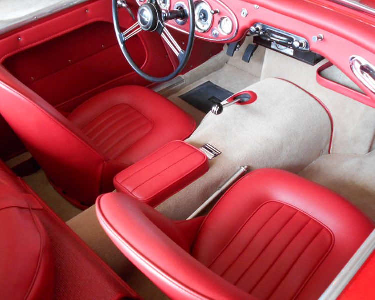 Austin Healey BN6 trimmed in Cherry Red Vinyl with Fawn Wool Carpet. Rear Deck Kit in Red Armacord.