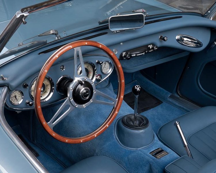 Austin Healey BN7 trimmed with Pale Shadow Blue Full Leather Panels, Seats and Armrest with Pale Shadow Blue Wool Carpet