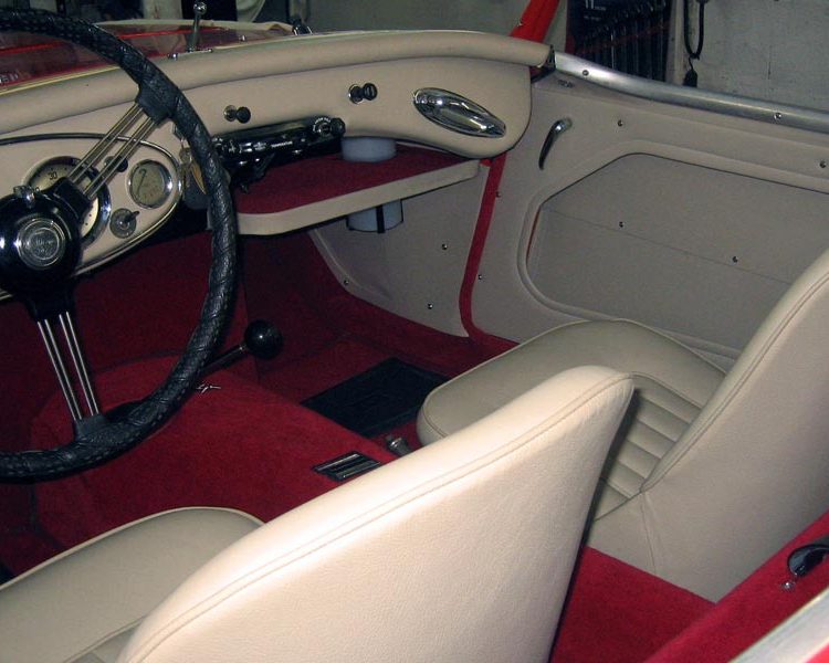 Austin Healey BN7 trimmed with Sand Vinyl Panels and LeatherFaced Seats with Red Wool Carpet