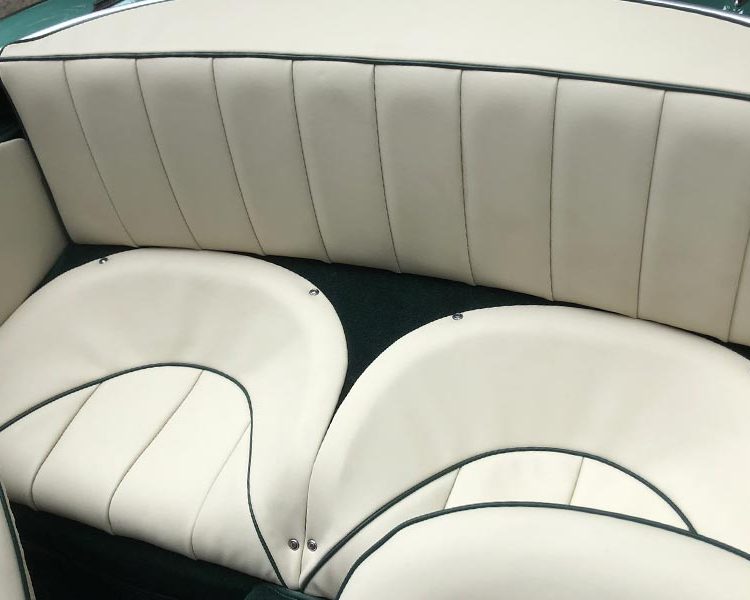 Austin Healey BT7 trimmed with Ivory Vinyl Panels and LeatherFaced Rear Seats with British Racing Green Piping