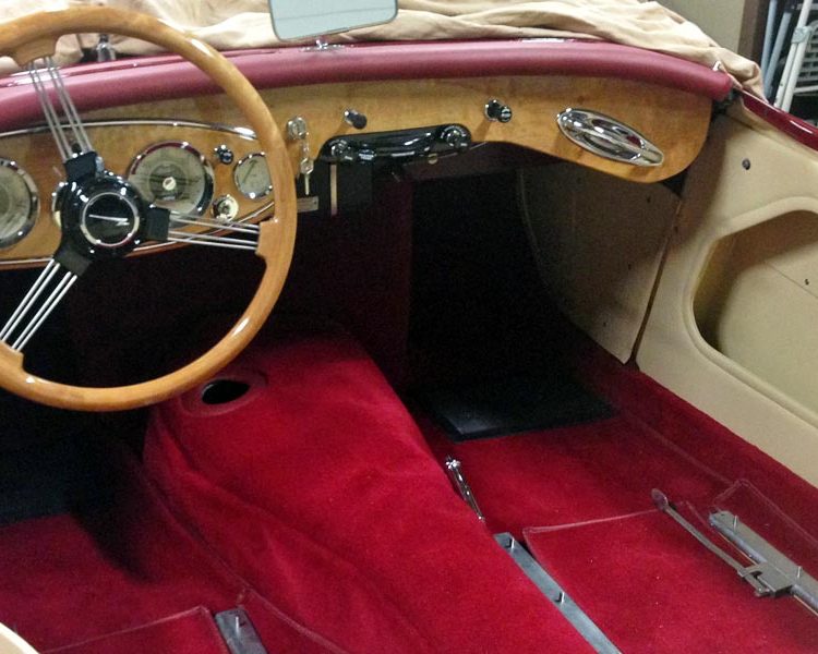 Austin Healey BT7 trimmed with Magnolia Vinyl Main Door Panels and Red Wool Carpet