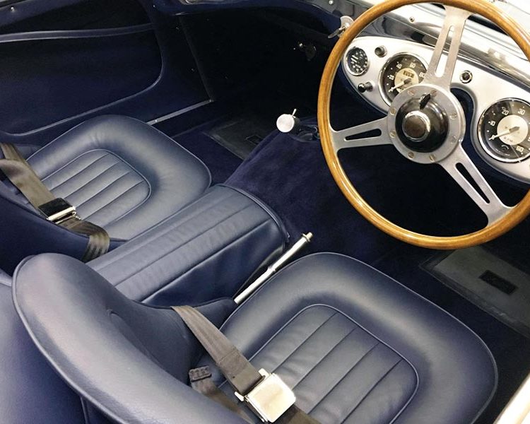 Austin Healey BN1 with LeatherFaced Seats and Vinyl Panels in AH Blue with Dark Blue Wool Carpet