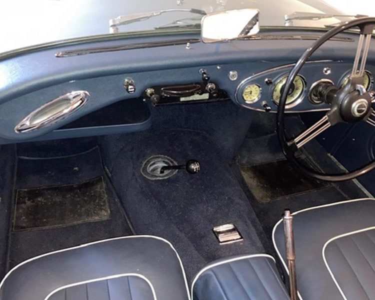 Austin Healey BN4 trimmed in Dark Blue Vinyl with LeatherFaced Seats and Centre Cushion with Off White Piping