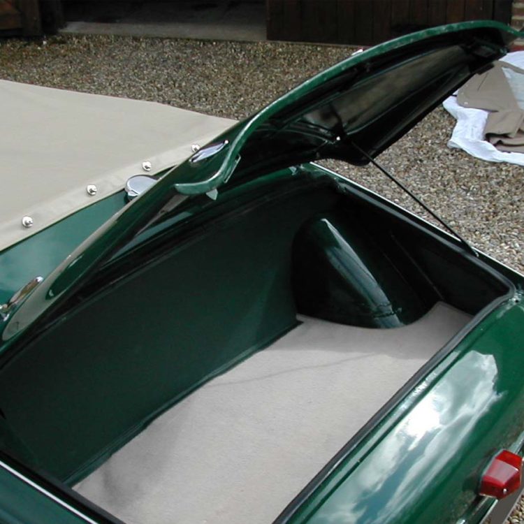 Triumph TR2 fitted with Beige PVC Everflex Tonneau Cover, and Vinyl Trimmed Boot Trunk Liner Board & Camel Wool Carpet.