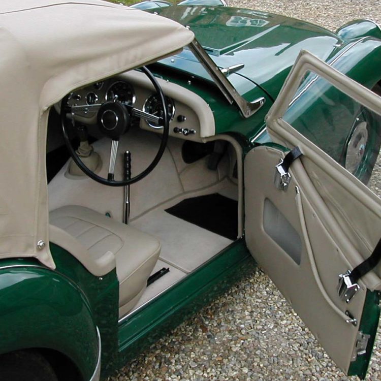 Triumph TR2 fitted with Beige PVC Everflex Soft Top Convertible Hood, & Vinyl Door Panels, and Wool Carpets.