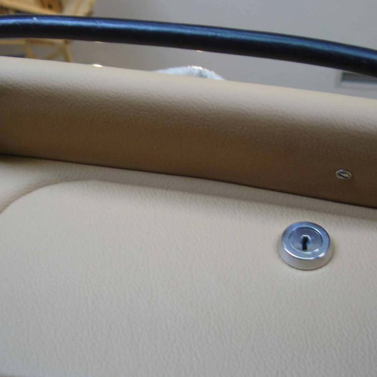 Triumph TR2 fitted with a Biscuit Light Tan Leather Dashtop Scuttle, and Cubby Box Lid Panel.
