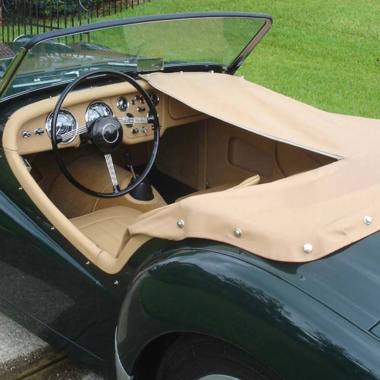 Triumph TR2 fitted with Biscuit Light Tan Leather Cappings & Dash Facia, Front Seat Covers, Palomino Wool and Sand PVC Everflex Tonneau.
