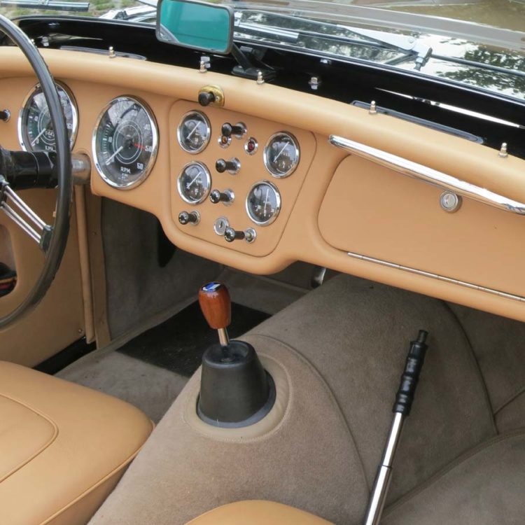 Triumph TR3 fitted with Biscuit Light Tan Leather Seat Covers, Dash Facia and Cappings; and Fawn Wool Carpets.