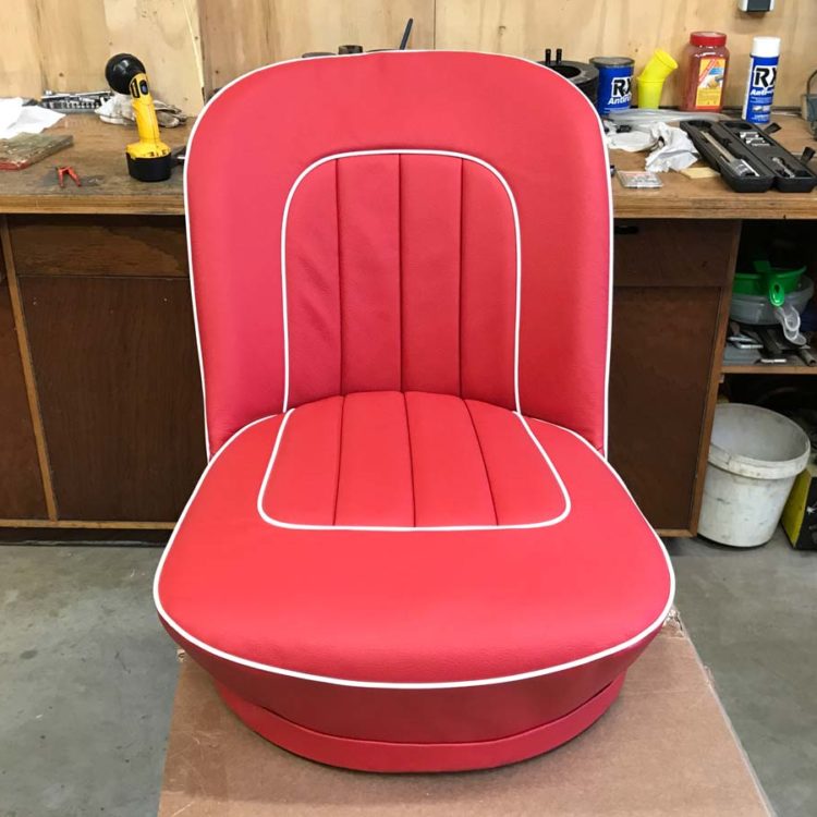 Triumph TR3 Front Seats trimmed in Bright Red Leather & Vinyl ("LeatherFaced") Covers.