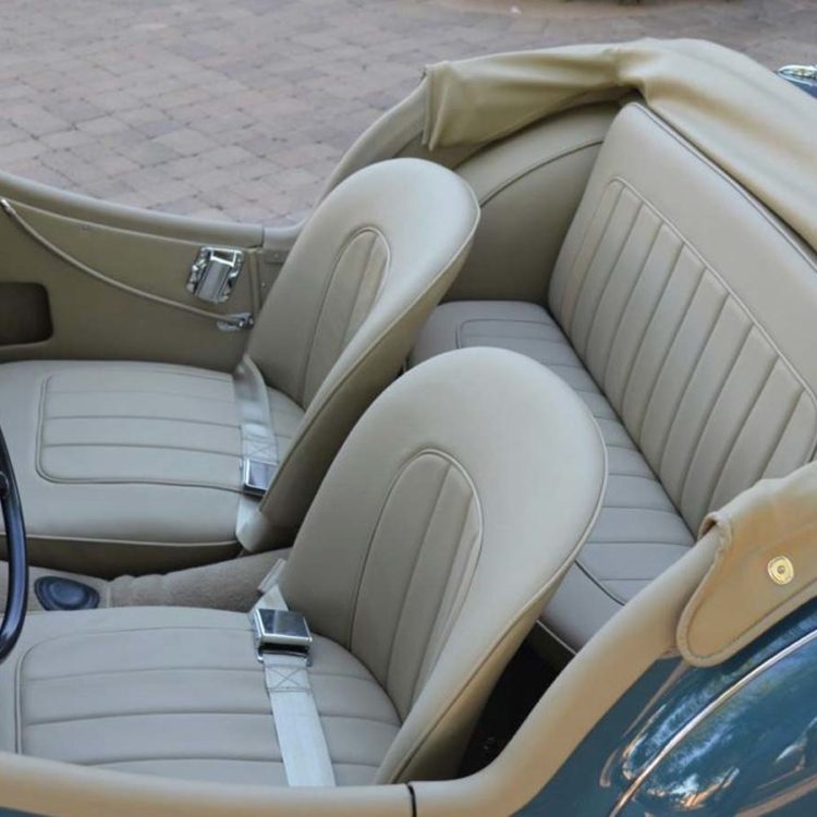 Triumph TR3 fitted with Light Stone Beige LeatherFaced Seats, Leather Cappings, Vinyl Trim Panels, and Fawn Wool Carpets.