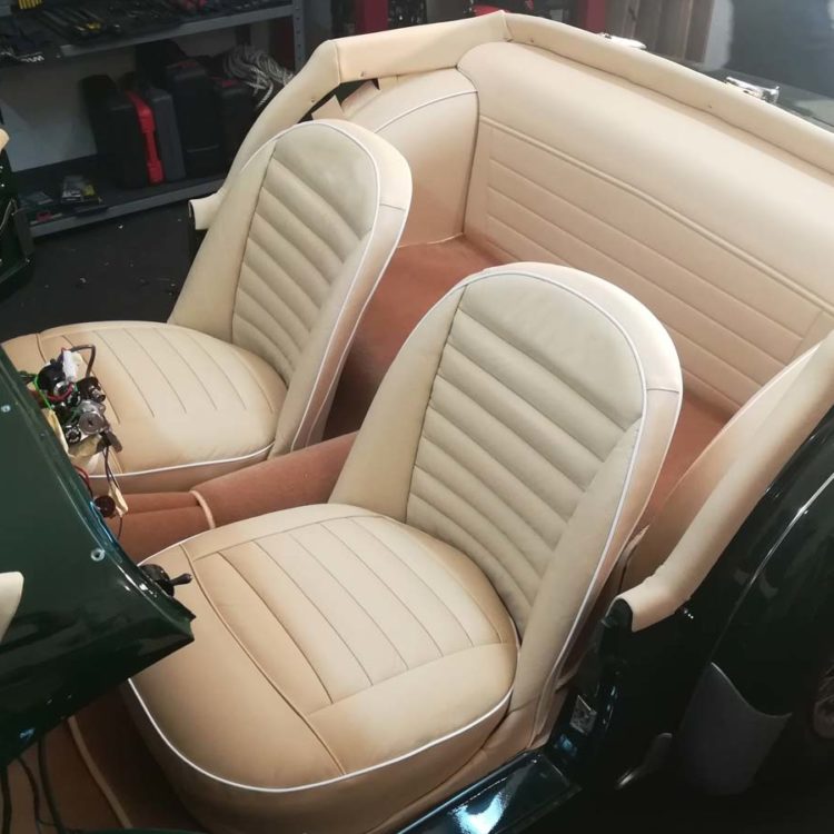 Triumph TR3A/B fitted with Magnolia LeatherFaced Seats, Leather Cappings, Vinyl Rear Bulkhead & Tonneau Cappings, and Palomino Wool Carpets.