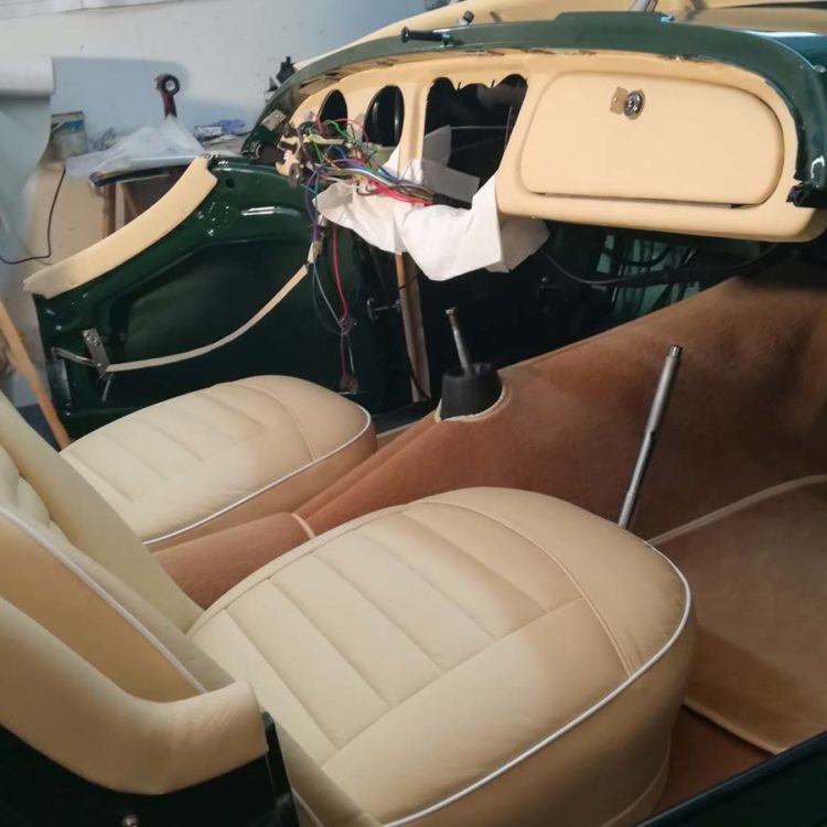 Triumph TR3A/B fitted with Magnolia LeatherFaced Seats, Leather Cappings, Vinyl Dashboard Facia Panel, and Palomino Wool Carpets.