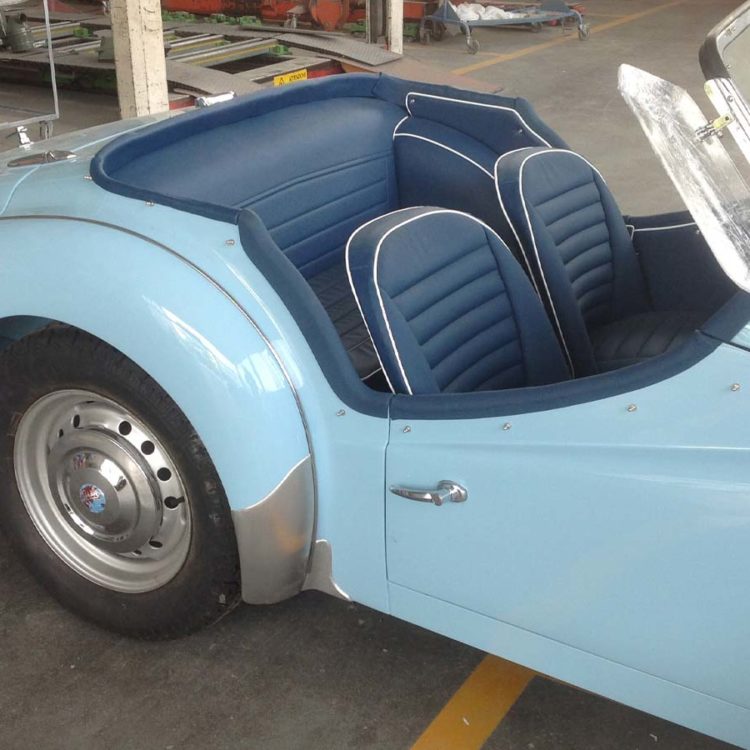 Triumph TR3A/B fitted with Midnight Blue Vinyl Trim Panels, and LeatherFaced Front & Rear Front Seat Covers.