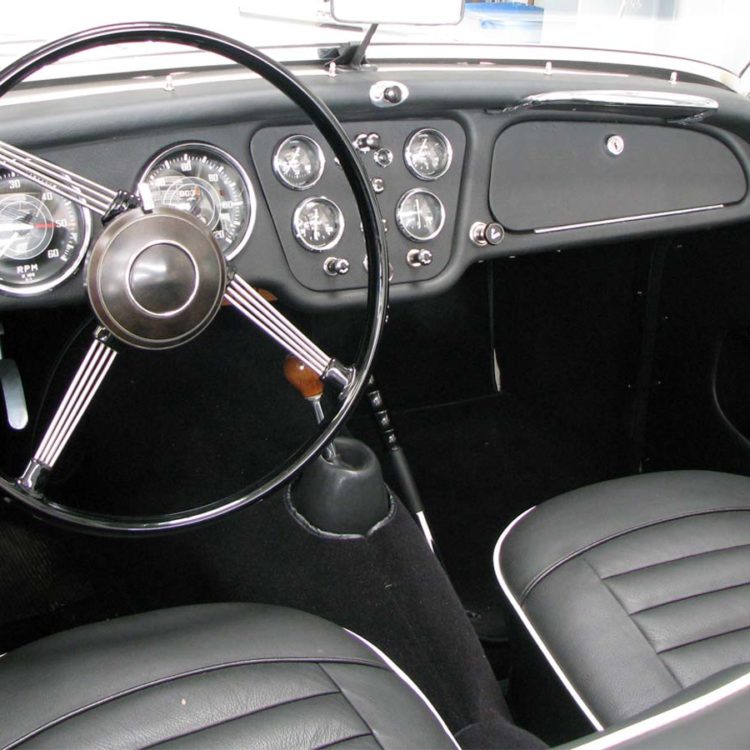 Triumph TR3A/B fitted with Black Leather Seat Covers, Dashboard Facia and Cappings, and Black Wool Carpets.
