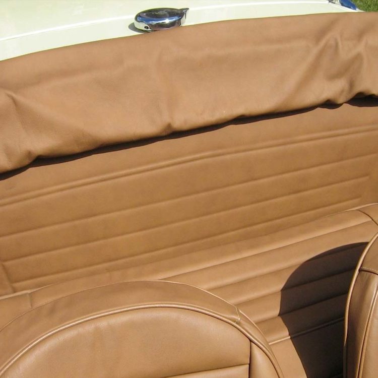 Triumph TR3A/B fitted with Cinnamon Leather Front & Rear Seats, Rear Bulkhead Panel, and Hood Frame Cover.