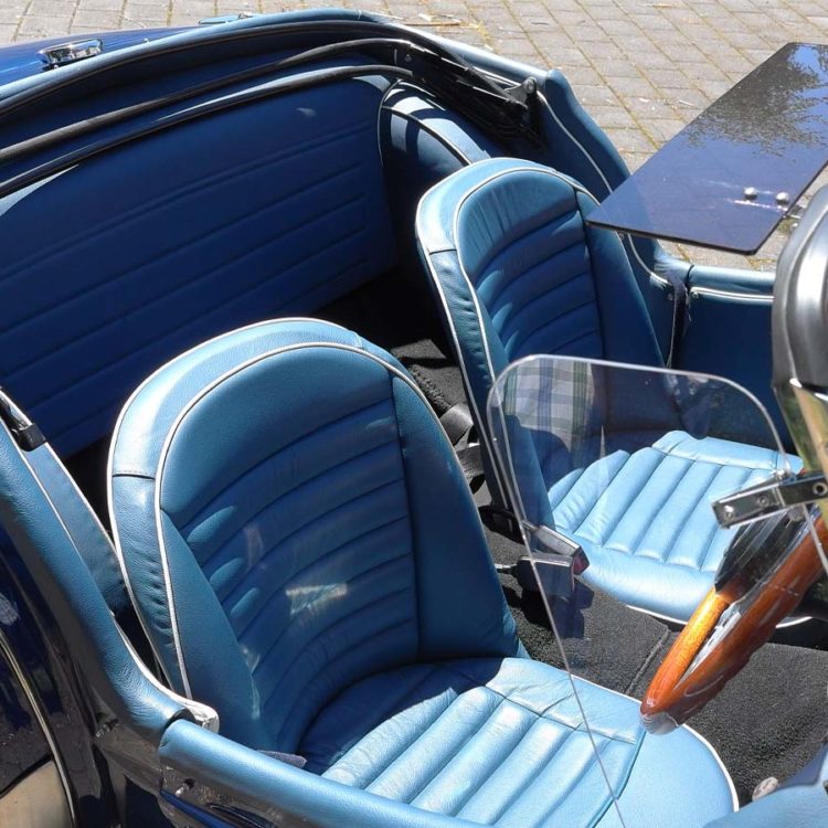 Triumph TR3A fitted with Midnight Blue Leather Interior Trim Panels, and all Leather Front Seat Covers.