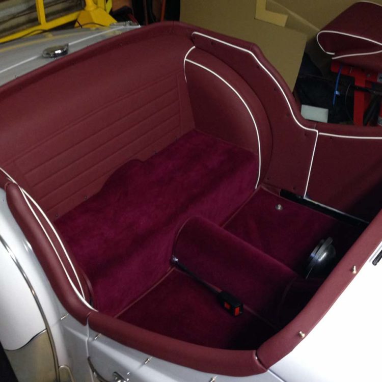 Triumph TR3A/B fitted with Maroon Leather Interior Trim Panels, and a Maroon Wool Carpet Set.
