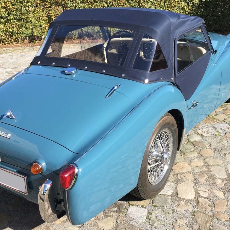 Triumph TR3A fitted with Dark Blue Deluxe Mohair Canvas Soft Top Convertible Hood & Sidescreen Curtains.