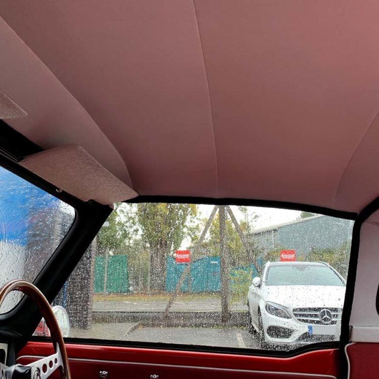 Triumph TR4 fitted with a White PVC Surrey Top Headliner and Rear Screen Surround Kit.