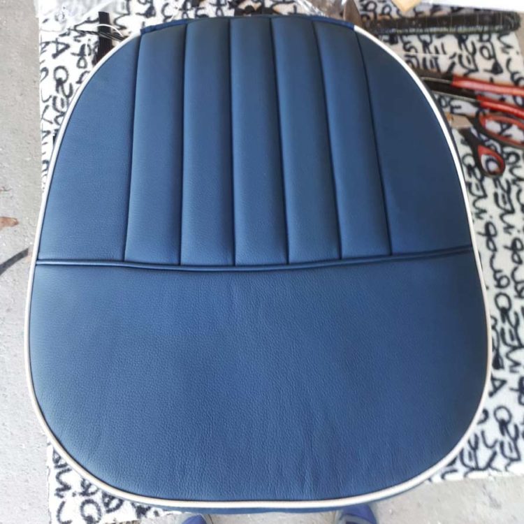 Triumph TR4 Front Seat Cover ("Early Style") trimmed in Midnight Blue Leather & Vinyl.