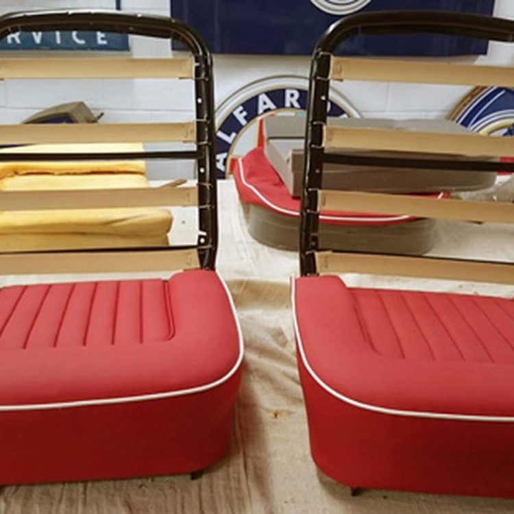 Triumph TR4A Front Seat Backrest Pirelli Webbings, and Trimmed Cushion Base Covers in Bright Red Leather.