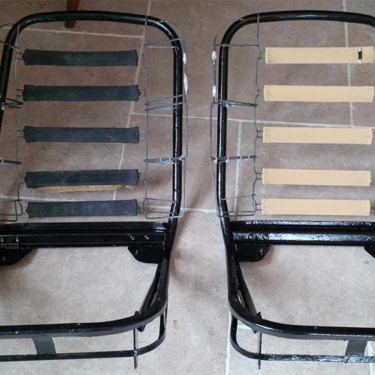 Triumph TR5 / TR250 Front Seat Backrest Framework fitted with Old (Left) and New (Right) Webbing Straps.