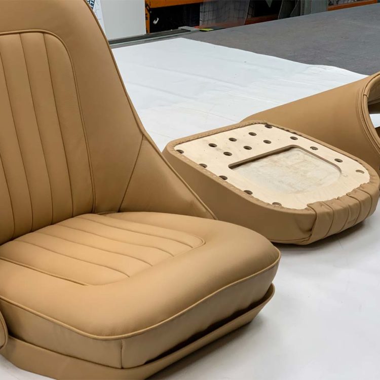 Austin Healey BN1/BN2/BN4 Front Seat Cushions & Backrests fully trimmed in Biscuit Light Tan Leather & Vinyl Covers.