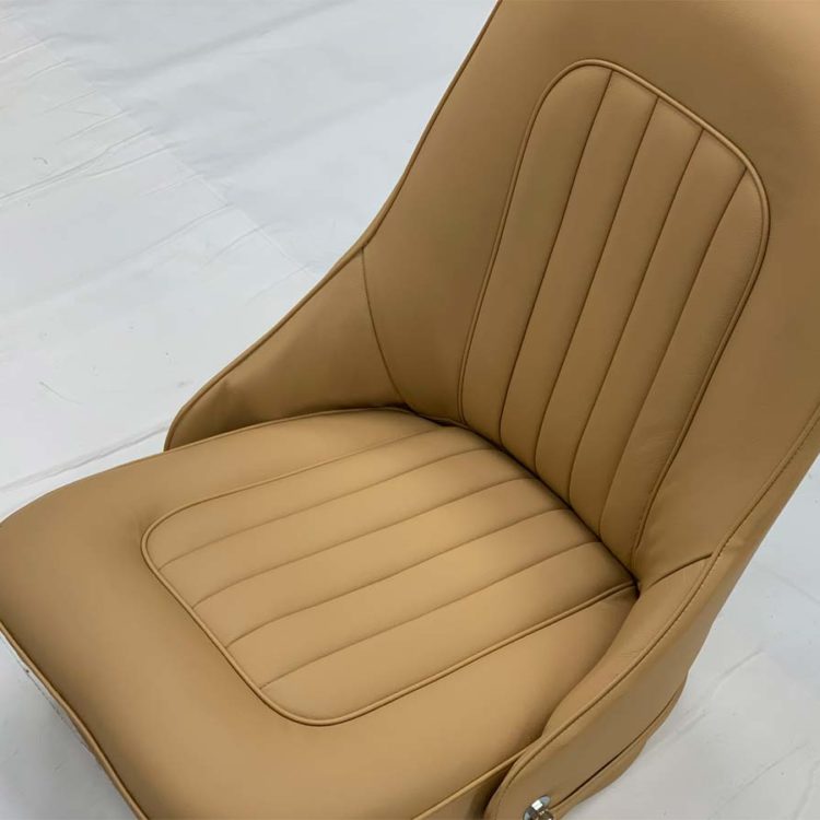 Austin Healey BN1/BN2/BN4 Front Seat Cushions & Backrests fully trimmed in Biscuit Light Tan Leather & Vinyl Covers.