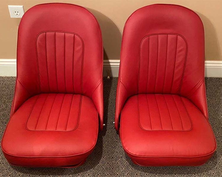 Austin Healey BN2 Front Seats fully trimmed in Cherry Red Leather & Vinyl ("LeatherFaced") Covers.