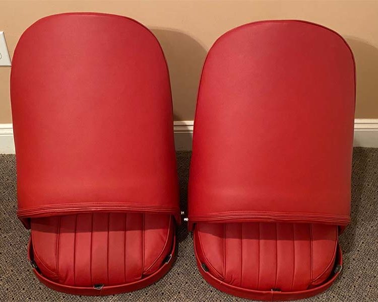 Austin Healey BN2 Front Seats fully trimmed in Cherry Red Leather & Vinyl ("LeatherFaced") Covers.