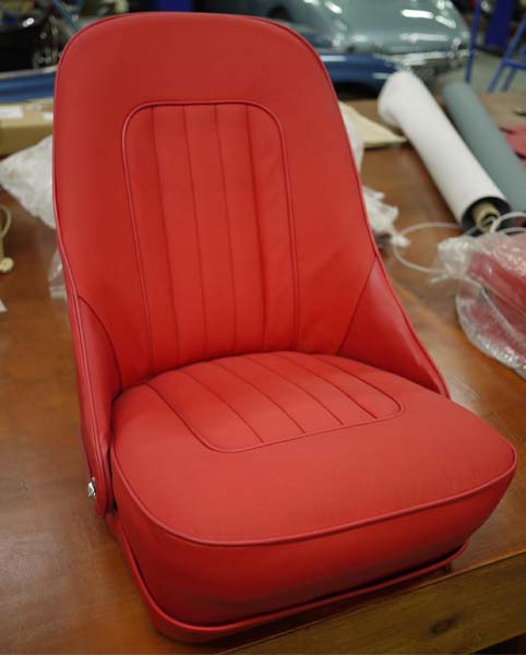 Austin Healey BN2 Front Seats fully trimmed in Bright Red Leather & Vinyl ("LeatherFaced") Covers.