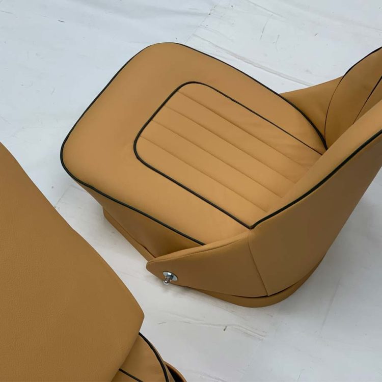 Austin Healey BN4/BN6/BN7/BT7BJ7 Front Seat Cushions & Backrests fully trimmed in Ferrari Beige Leather & Vinyl Covers.