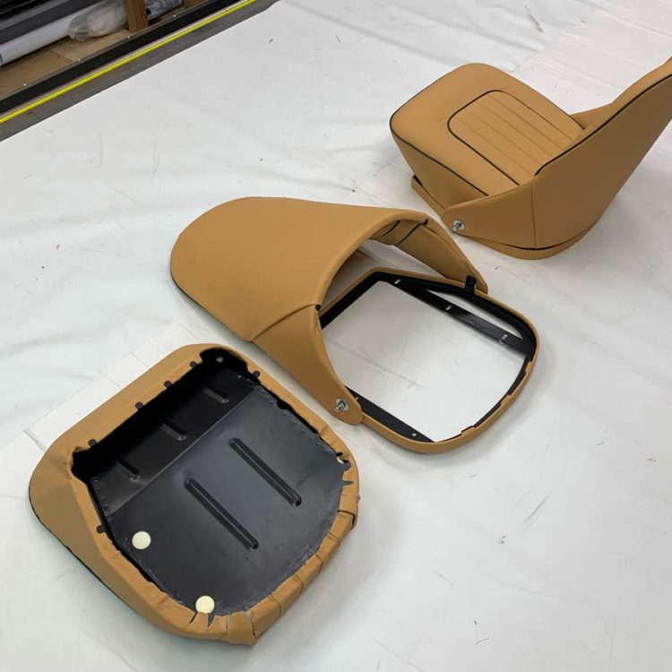 Austin Healey BN4/BN6/BN7/BT7BJ7 Front Seat Cushions & Backrests fully trimmed in Ferrari Beige Leather & Vinyl Covers.