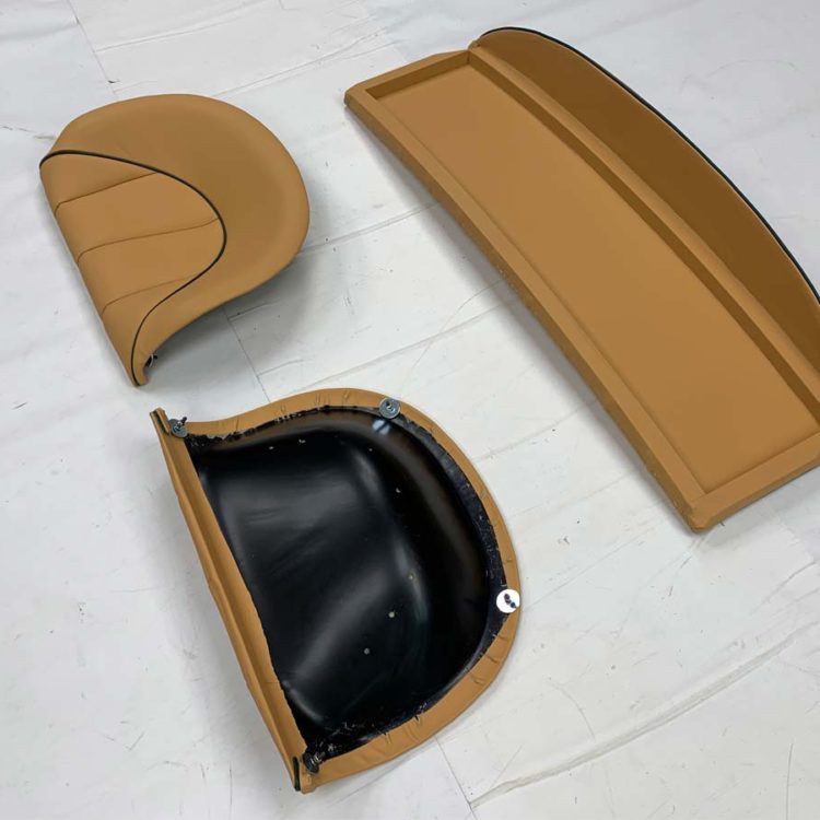 Austin Healey BN4 / BT7 Rear Seat Backrest Panel & Cushion Pans fully trimmed in Ferrari Beige Leather & Vinyl.