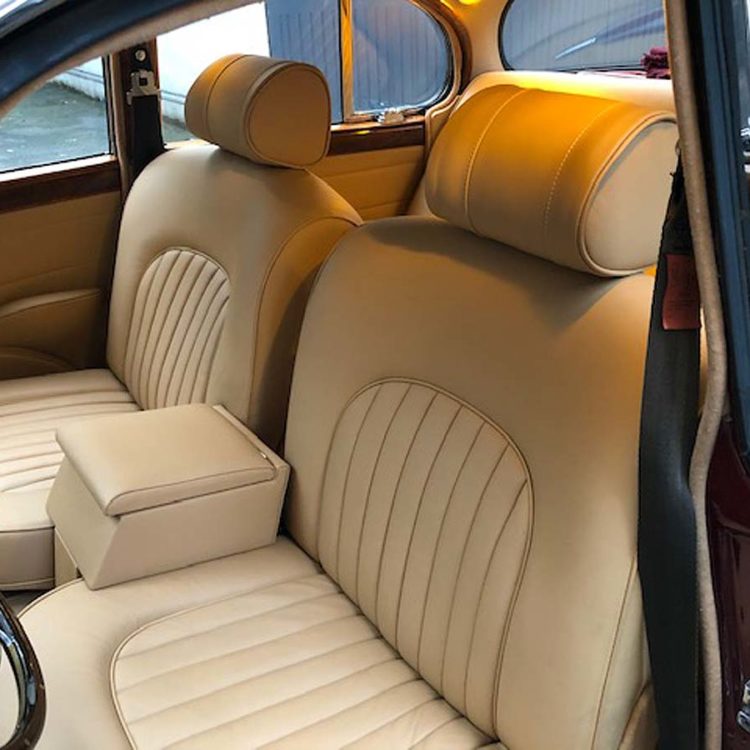 Jaguar MK2 fitted with Biscuit Light Tan Leather Front Seat Covers, and Vinyl Trim Panels.